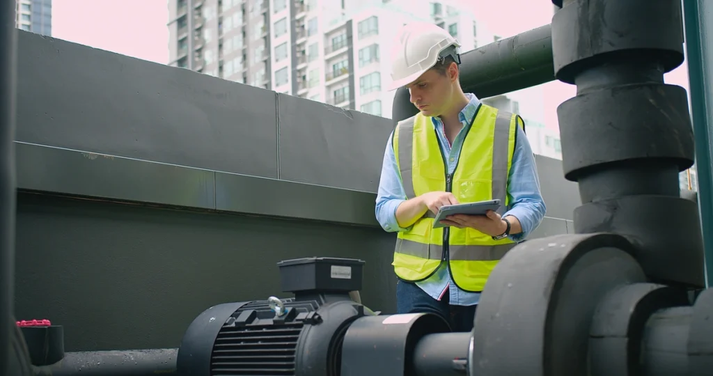 commercial roof inspection-inspector wearing safety vest on commercial roof