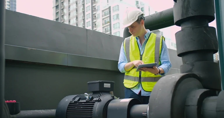 commercial roof inspection-inspector wearing safety vest on commercial roof