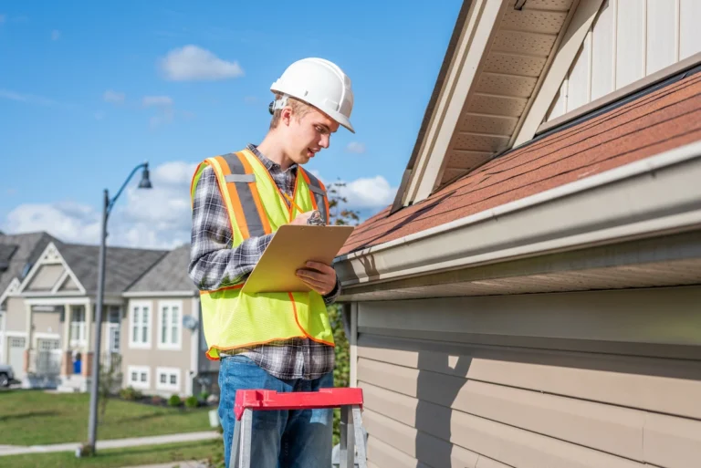 roof inspection cost-technician in a safety vest inspecting roof from a ladder