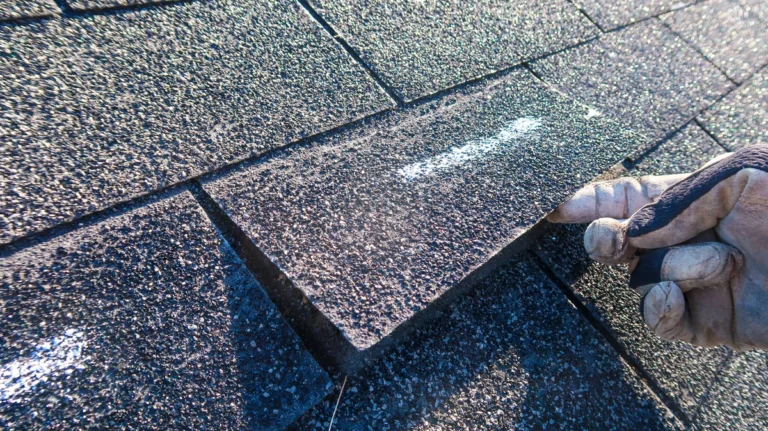 gloved hand lifting up a loose shingle on a roof