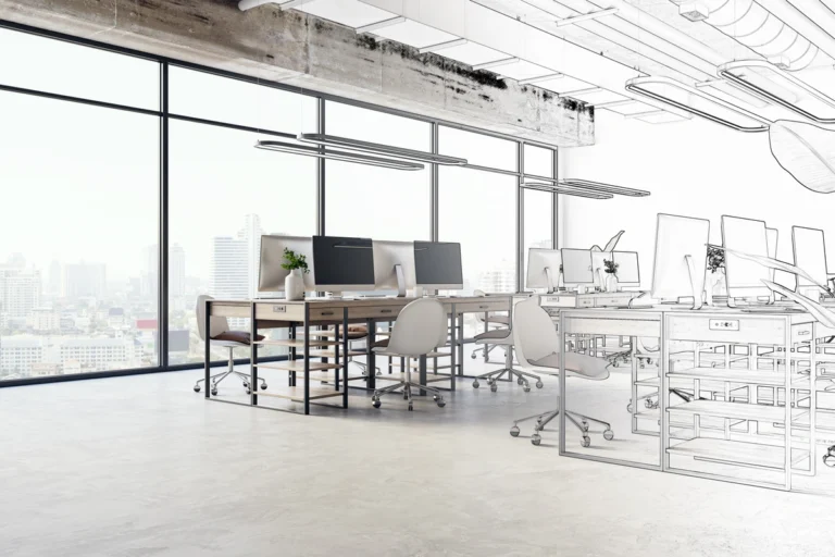 photo and sketch rendering of interior commercial design space