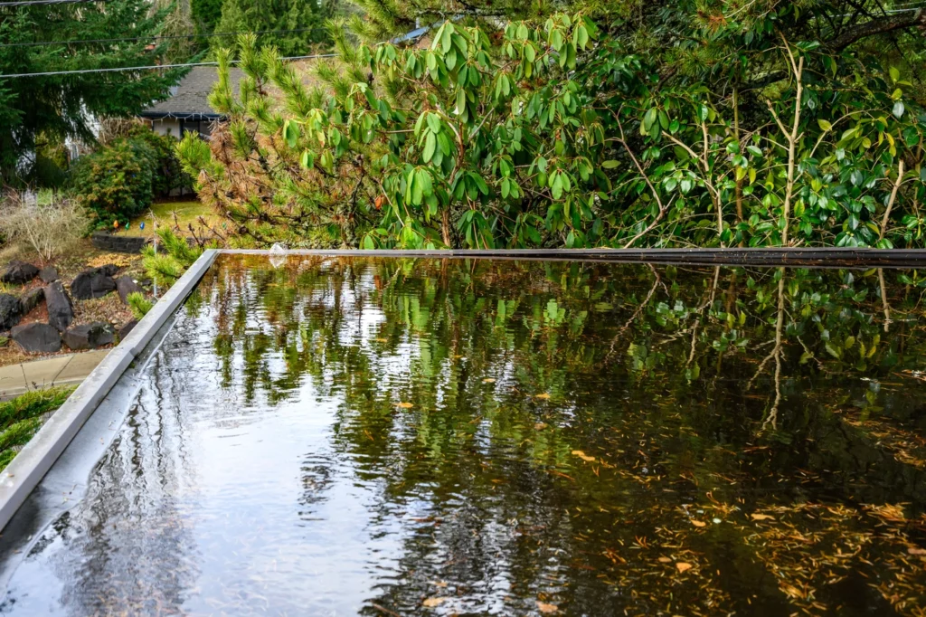 close up view of ponding water on flat roofing system