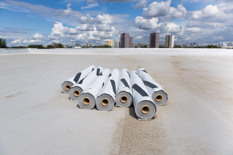 Roofing PVC membrane in rolls. Industrial roof.