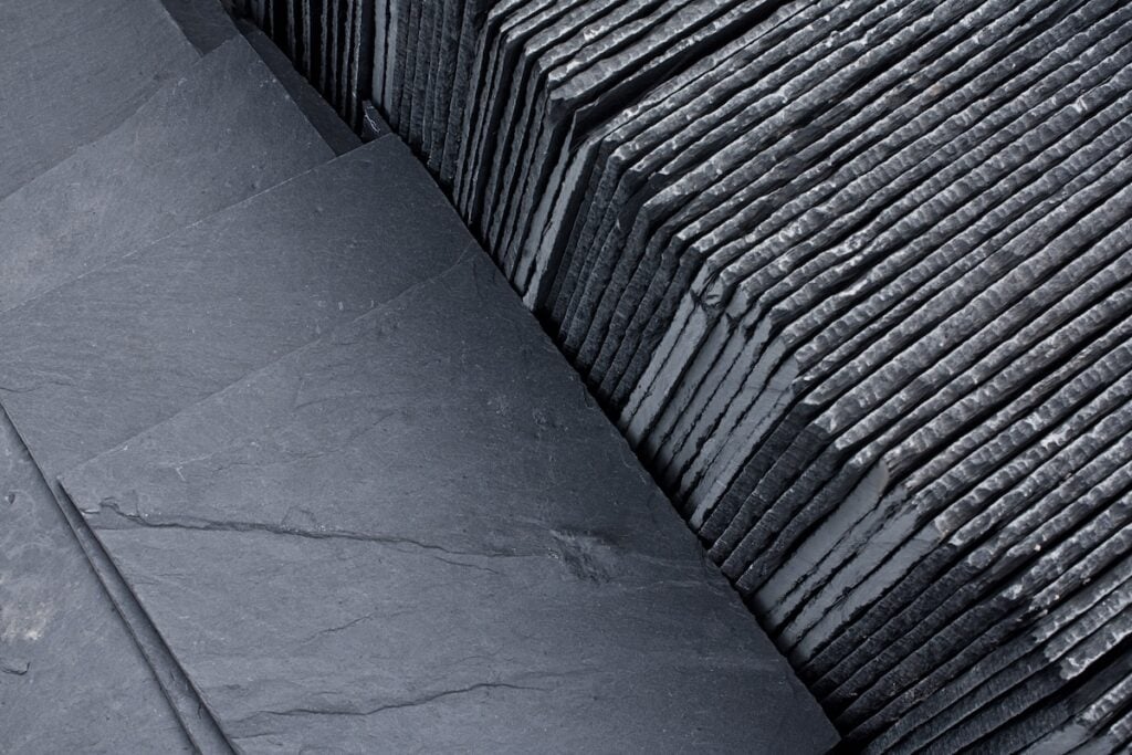Slate roofing tiles in a pallet ready for sale 