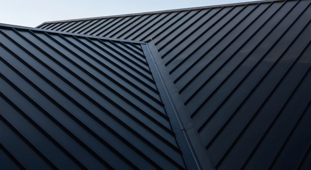 A close-up of a dark metal roof showcasing its clean lines and modern design, highlighting the architectural details and material quality.